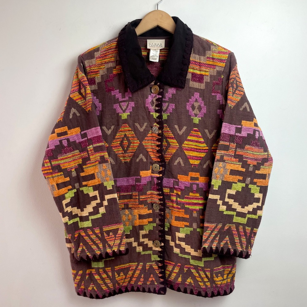 Vintage Southwestern‎ Tapestry Jacket Sz Medium Cotton Boho Folk Statement Funky